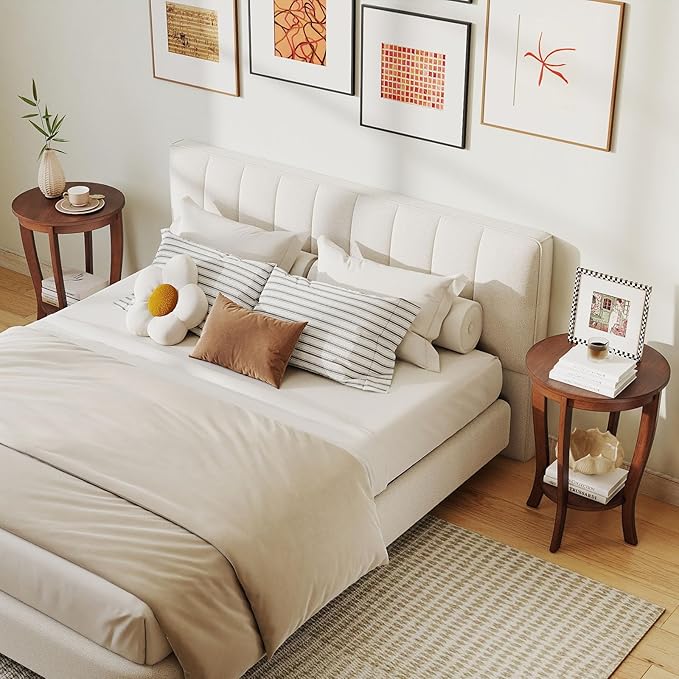 GOFLAME 2-Tier Round End Table, 18” Sofa Side Table with Storage Shelf, Floor Tea Table with Solid Wood Legs, Compact Nightstand for Small Space, Living Room, Bedroom, Walnut
