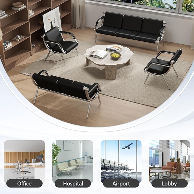 Kinfant Waiting Room Chair- Office Reception Furniture with Armrest and PU Leather Cushion, Office Guest Chair for Waiting Room Airport Hospital Bank Lobby, Black (1 Seat*2+2 Seat+3 Seat)