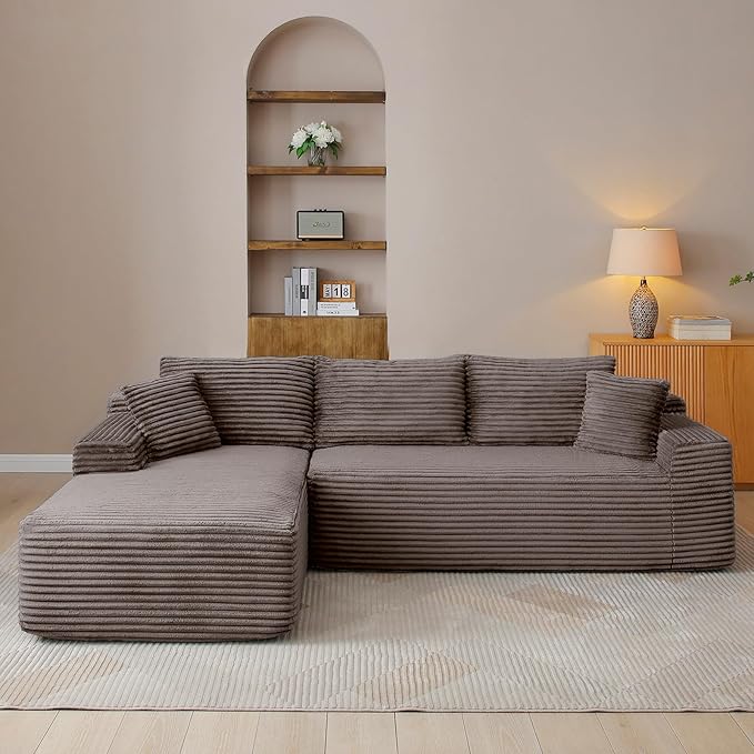 95" Boneless Cloud Sectional Couches for Living Room, Comfy Fluffy L Shaped Memory Foam Deep Seat Boneless Couch, Modular Sectional Sofa with Left Facing Chaise, Brown