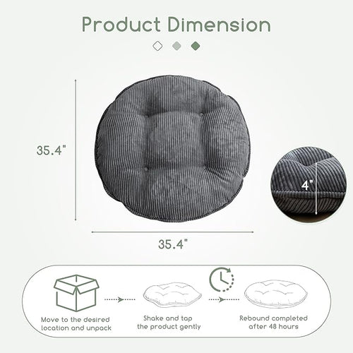 35" Washable Floor Pillow Cushion for Adults, Meditation Cushion Pillow, Extra Large Round Floor Sitting, Removable Tufted Corduroy Cover, for Tatami Living Room or Yoga, Dark Grey, Machine Washable