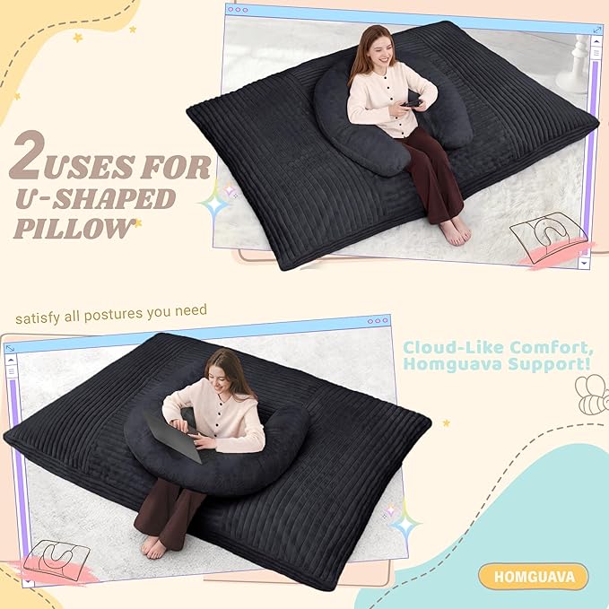 Homguava Giant Bean Bag Chair for Adults with Pillow, 4 in 1 Convertible Floor Cushion for Adluts, Memory Foamed Bean Bag Lounger with Washable Cover for Living Room, Bedroom