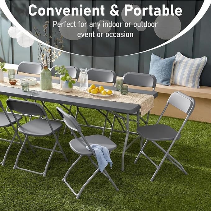50 Pack Gary Plastic Folding Chair, Indoor Outdoor Portable Stackable Commercial Seat with Steel Frame 350lb. Capacity for Events Office Wedding Party Picnic Kitchen Dining