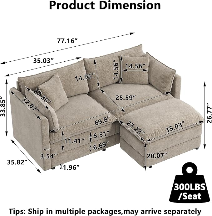 Aoowow Modular Sectional Sofa Modern Convertible Loveseat Couch,77.16 Inch Deep 2-Seater Sofas Comfy Chenille Cloud Sofas and Couches Set with Movable Ottoman for Living Room Apartment（Camel）