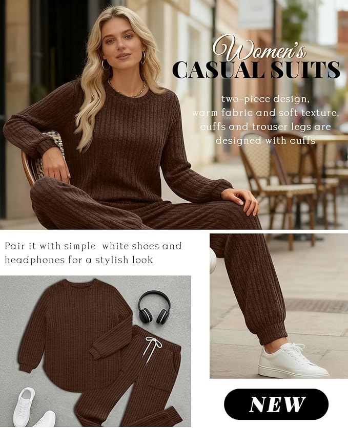 Sweetyweee Women's Ribbed Knit Lounge Sets 2 Piece Outfits Long Sleeve Pajamas Set Loungewear Sweatsuits Fall Pjs with Pocket