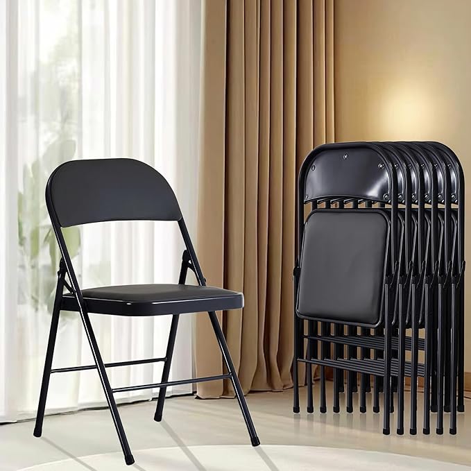 6 Pack Black Folding Chairs with 330 LBS Capacity, Indoor Outdoor Chairs with Padded Cushion and Back, Portable & Foldable Heavy Duty Metal Frame Commercial Seat for Kitchen Party Events Wedding