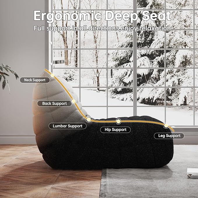 Bean Bag Chairs for Adults, Memory Foam Couch Loveseat Sofa Chair, Soft Teddy Material Cozy Comfy Reading Nook Chairs, Floor Chair for Living Room Bedroom Office(Black-White)