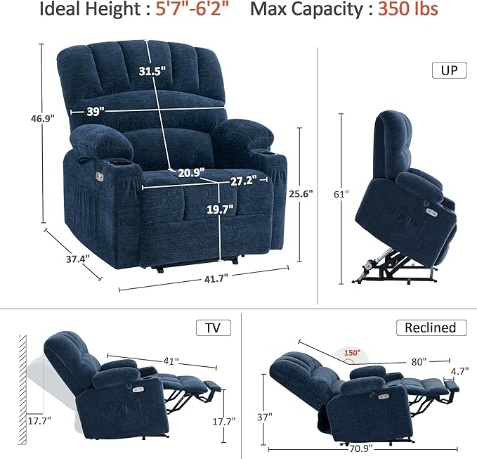 MCombo Oversized Power Lift Recliner Chair for Elderly, Lift Chair with Heat and Massage, Lift Recliner for Big and Tall, Cup Holders, USB & Type C Ports, Fabric R7092 (Navy Blue, Oversize)