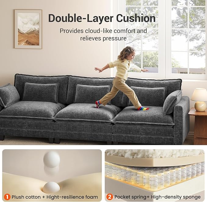 Pipishell Sectional Couches for Living Room, 110.6" U-Shaped Modular Sectional Sofa, 5-Seat Chenille Deep Seat Cloud Couch with 2 Movable Ottomans & Throw Pillows, Grey