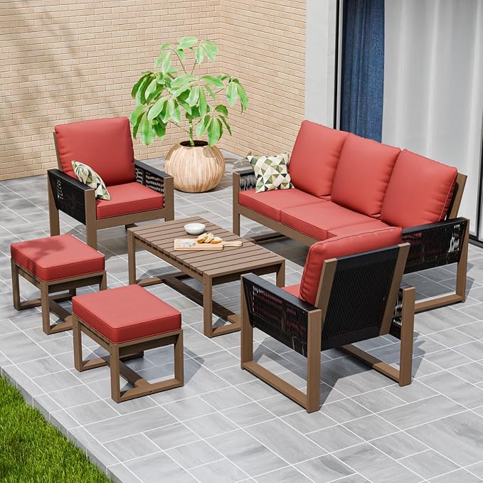 INTER HUT Rustic Hideaway Natural Cedar Wood Outdoor Furniture Set, Wicker Patio Conversation Set for Porch Garden Backyard, Couch, 2 Patio Chairs, Coffee Table and 2 Ottomans, 6 Piece, Brownish/Red