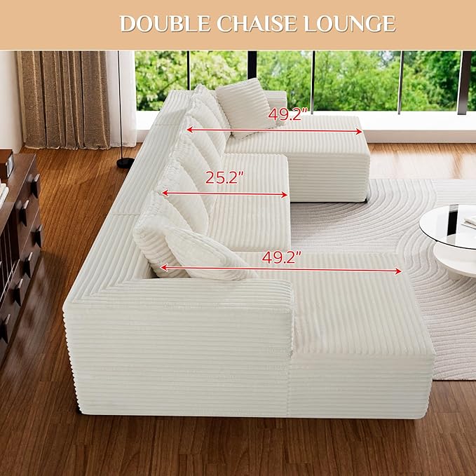 Modular Sectional Sofa, 130" U Shaped Cloud Couch Plush Corduroy Comfy Deep Seat Boneless Sofas with 8 Pillows Double Chaise Lounge Sectional Couches with Memory Foam for Living Room - Beige White