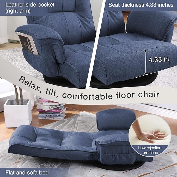 Ergonomic Swivel Floor Gaming Chair with Armrests & Side Pockets, 6-Position Reclining Sofa Bed, Foldable Padded Lounger with Thick Cushion & Lumbar Support for Esports, Reading, TV Watching (Blue)