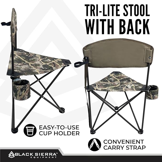 Black Sierra Tri-Lite Stool w/Back, Lightweight Portable Fishing Chair w/Cupholder and Carry Strap, Supports 225-Lb, Portable Outdoor Chair for Hunting, Camping, Travel, Hiking