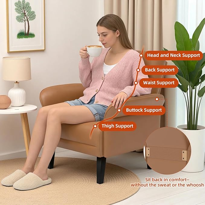Modern Faux Leather Accent Sofa, Symmetrical Shawl Armchair with Wide Armrests & Wooden Legs, Brown Sofa Chair for Living Room, Apartment, Office