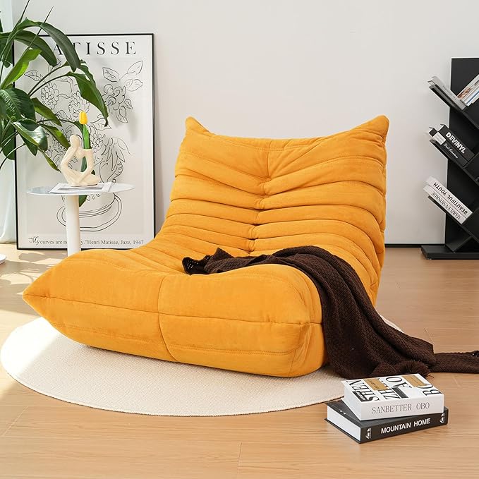 High-end Togo Bean Bag Chair, Fireside Chair with Yellow Suede Fabric Cover, Comfy & Soft Lazy Floor Lounge Sofa for Bedroom, Living Room, Office or Salon