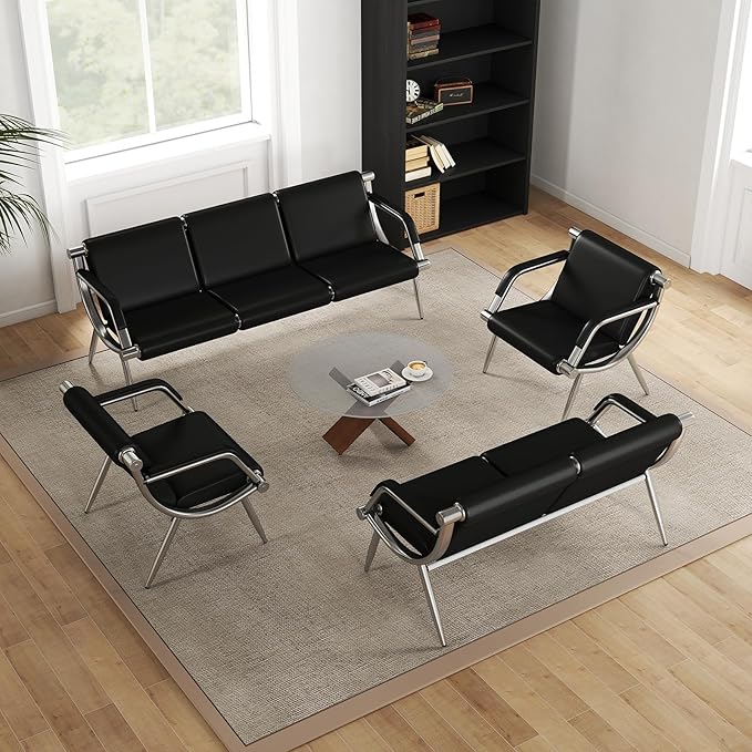Kinfant Waiting Room Chair- Office Reception Furniture with Armrest and PU Leather Cushion, Office Guest Chair for Waiting Room Airport Hospital Bank Lobby, Black (1 Seat*2+2 Seat+3 Seat)