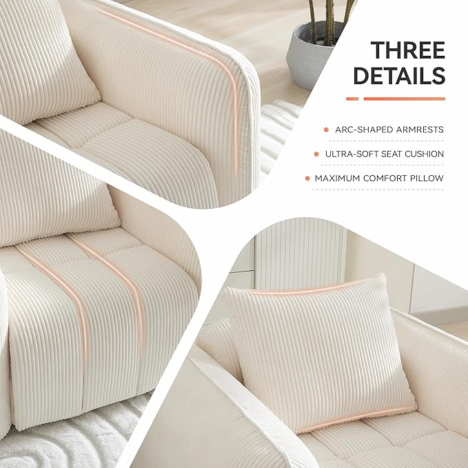 Corduroy Boneless Living Room Sets, Modern Upholstered 3 Seater Sofa with 2 Signle Accent Chairs, Comfy Deep Seat Cloud Sofa Couch Sets for Living Room, White