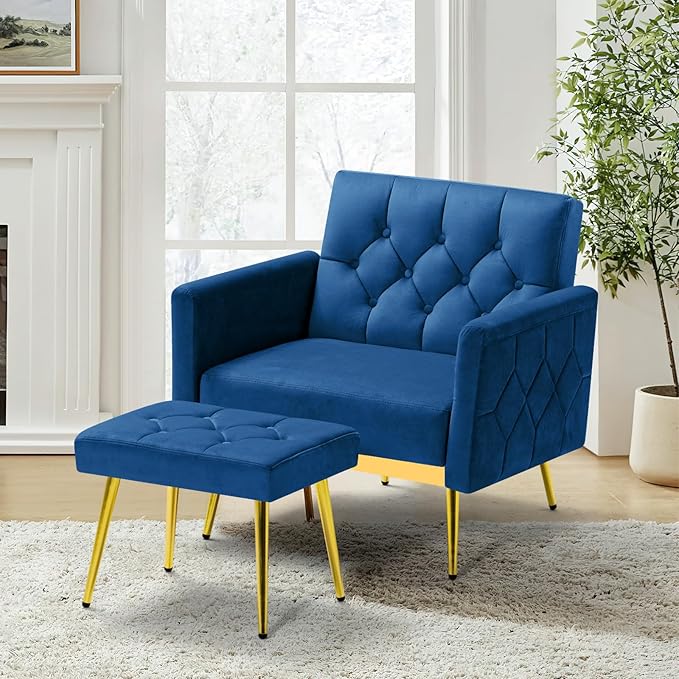 ACMEASE Velvet Accent Chair w/Adjustable Armrests and Backrests, Tufted Single Sofa with Ottoman, Upholstered Reading Chiar for Living Room, Apartment, Bedroom, Blue