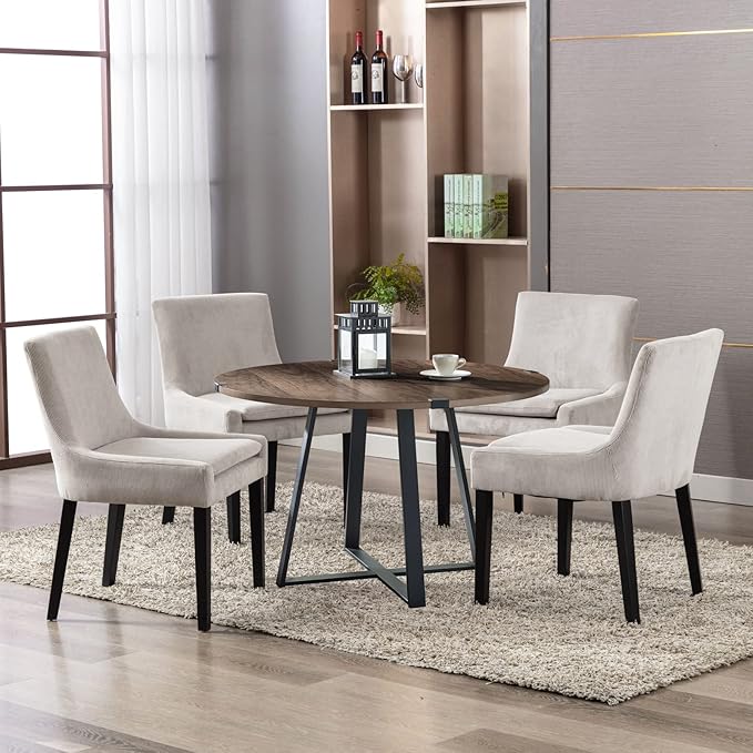 Dining Chairs Set of 2, Upholstered Corduroy Dining Room Chair with Wood Legs, Mid-Back Padded Kitchen Side Chairs for Dining Room, Beige