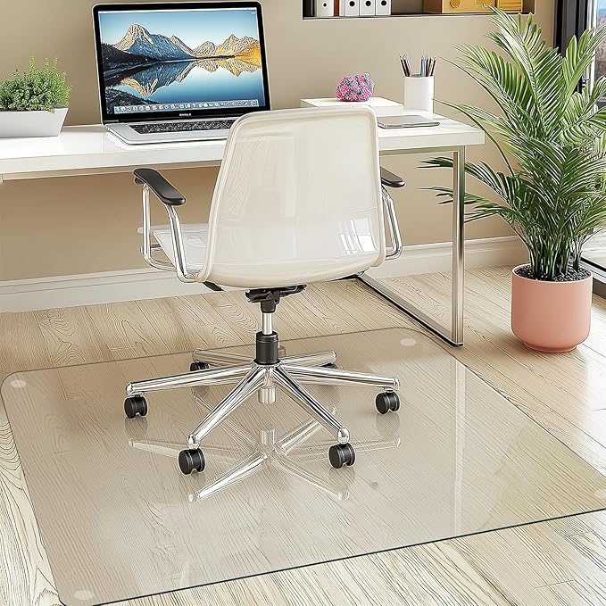 55"x46" Tempered Glass Chair Mat, Heavy Duty Glass Office Floor Mat for Carpet or Hardwood Floors, with Non-Slip Pads, Round Corner and Polished Edge, Effortless Rolling, Thick 1/5"