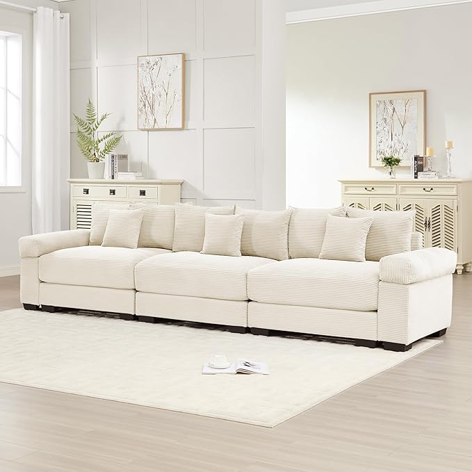 KEIKI 130" Oversized Corduroy Modular Cloud Sectional Sofa with High-Density Foam Cushions, Extra-Thick Armrest, Upholstered Modern 3-Seater Fluffy Corner Couch with 9 Pillow, for Living Room, Beige