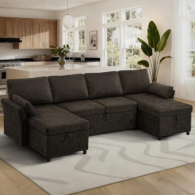 ACMEASE 107 Inches Fabric Sectional Sofa with Pull Out Sofa Bed, Modern U Shaped Sofa with Throw Pillows, Comfortable Sleeper Couch with Storage Chaise for Living Room, Brown