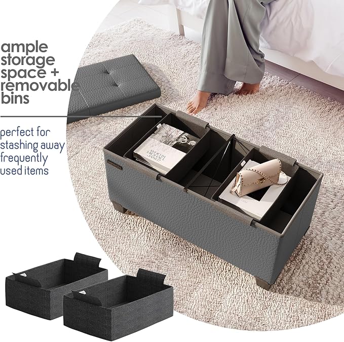 Storage Ottoman Bench with Bins, 30-in Storage Bench for Bedroom End of Bed, Folding Foot Rest Ottoman for Living Room Max 660lbs, Faux Leather Ottomans, Grey