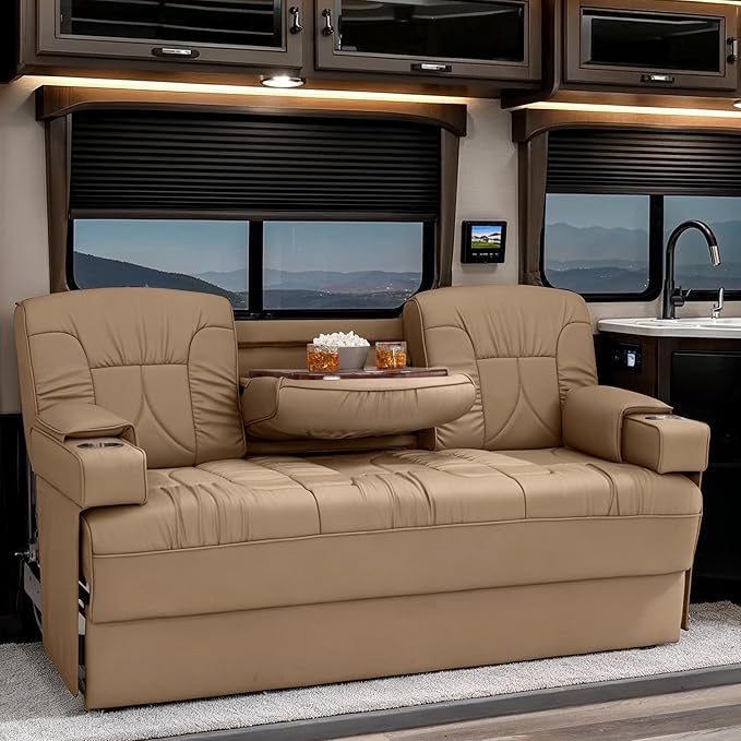 Qualitex De Leon Console SL RV Sofa Bed, 68" Wide, Ulitmate Leather, Light Sand