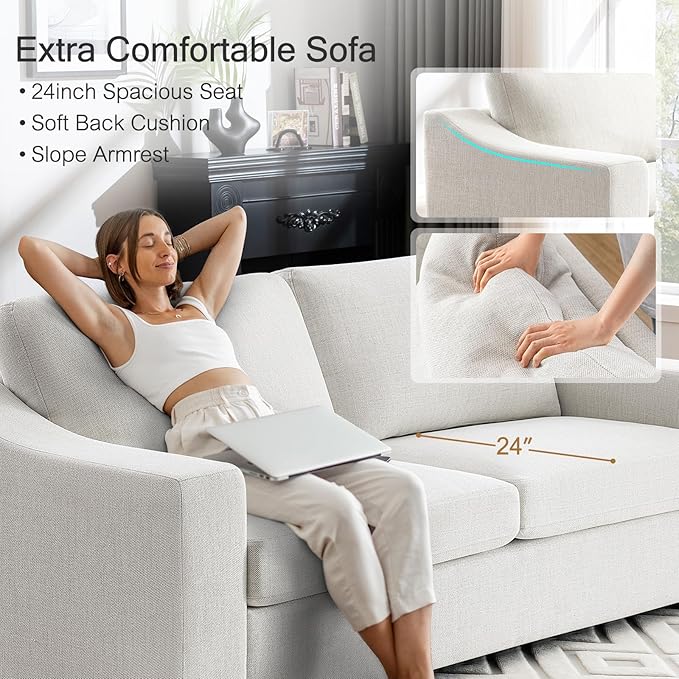 ELUCHANG 85" Modern Sofa Couches for Living Room, 3 Seater Natural Linen Sofa with Extra Deep Seats, Upholstered Cushion&Detachable Cover, Comfy Couch for Small Space, Apartment, White, 2PC