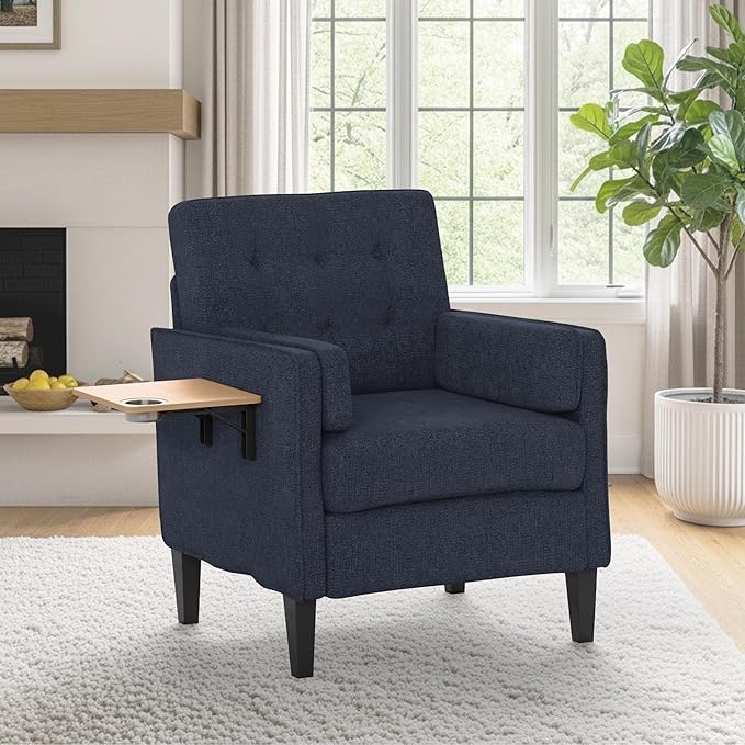 Chenille Accent Chair, Mid Century Modern Arm Chair with Foldable Wooden Side Table & Cup Holder - Comfy Reading Chair for Bedroom,Living Room Chairs,Sofa Chair Set of 2,Navy Blue