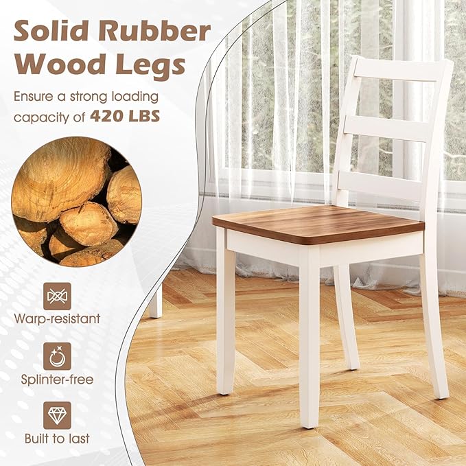 Giantex Dining Chairs, Wooden Armless Kitchen Chairs with Solid Rubber Wood Legs, Farmhouse Ladder Back Dining Chairs for Dining Room (4, White+Brown)