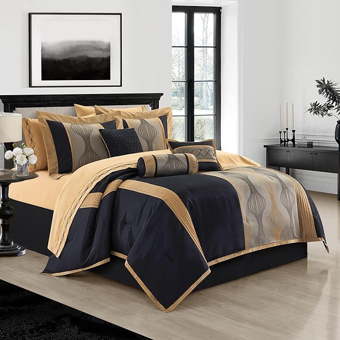 Grand Avenue Elegant Black and Gold Comforter Set King Size, Striped,15 Piece Room-in-A-Bag, Jacquard Bedding Set, All Season, Matching Decorative Pillows, Pillow Sham, Curtains