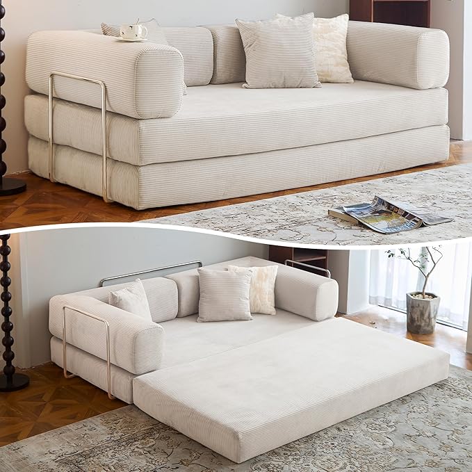 LIAROO 78.8" Convertible Sofa Bed -Compression Sofa with Corduroy Fabric - with Armrests and Backrest - Modular Sectional for Living Room, Bedroom, Studio - Compression Sofa in Box (Beige)