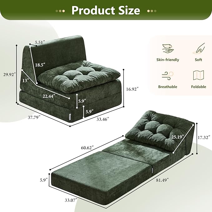 Hobestluk Sofa Couch Folding Sofa Bed Comfy Floor Lounger Convertible Sofa with Removable Cushion Couches for Small Spaces Foldable Mattress for Living Room Bedroom or Office (Chenille Green, Large)