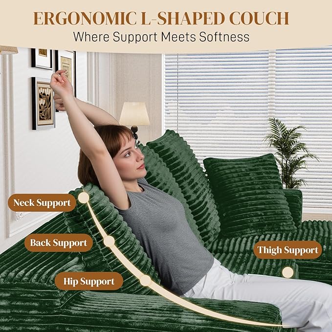 108" Boneless Cloud Sectional Couches for Living Room, Fluffy Comfy Soft L Shaped Memory Deep Seat Foam Boneless Couch, Modular Sectional Sofas with Right Facing Chaise, Green