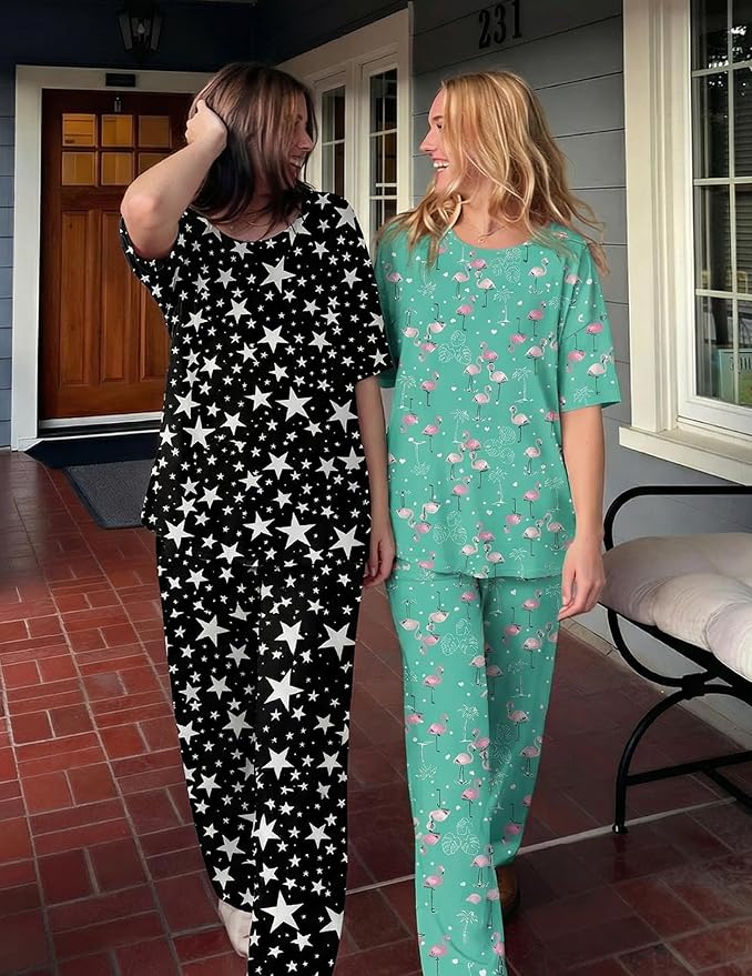 Ekouaer 2 Pack Womens Pajama Sets Short Sleeve Tops and Long Pants Casual Comfy Pjs Lounge Set with Pockets,S-XXL