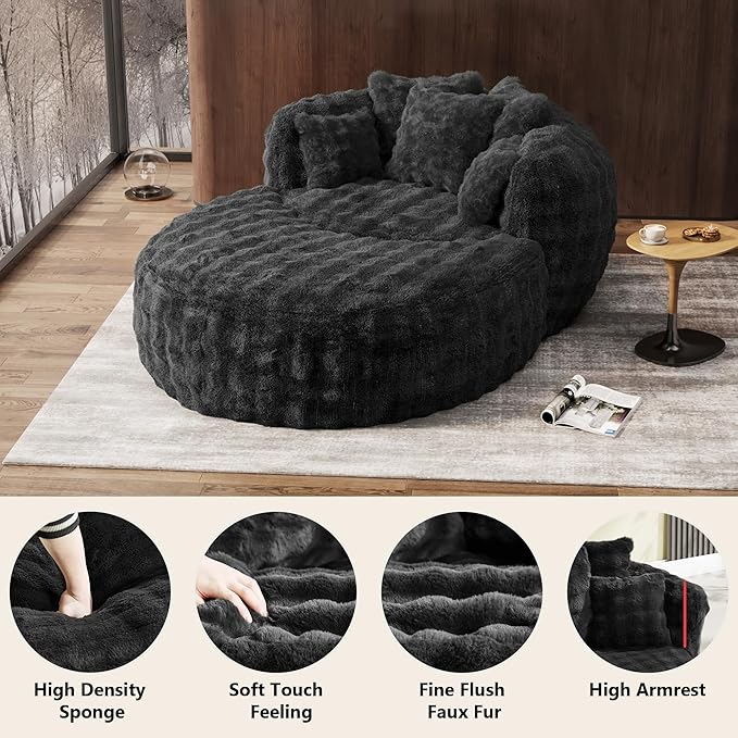Oversized Chaise Lounge Chair Indoor with Ottoman 55" W x 75" L Round Reading Chair Plush Faux Fur Corduroy Cloud Circle Boneless Chair with 5 Pillows for Living Room - Grey