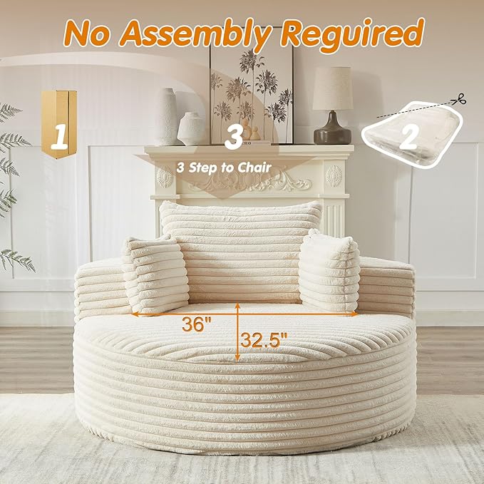 55"W Oversized Round Chair Lounge Chaise Indoor, Upholstered Comfy Circle Sofa Armchair, Modern Cozy Boneless Foam Floor Reading Chair for Living Room, Bedroom, No Assembly Required(Corduroy, Beige)