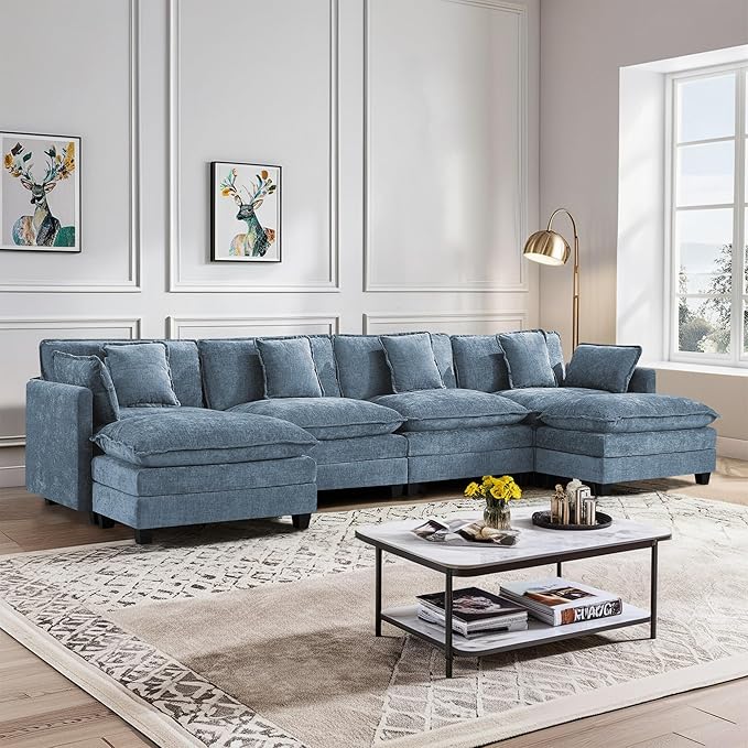UMBFUN 4-Seater Cloud Couch with 2 Ottomans, Extra-Large Modular Sectional U Shaped Sofa with Deep Seat Cushions, Chenille Couch for Living Room, Blue