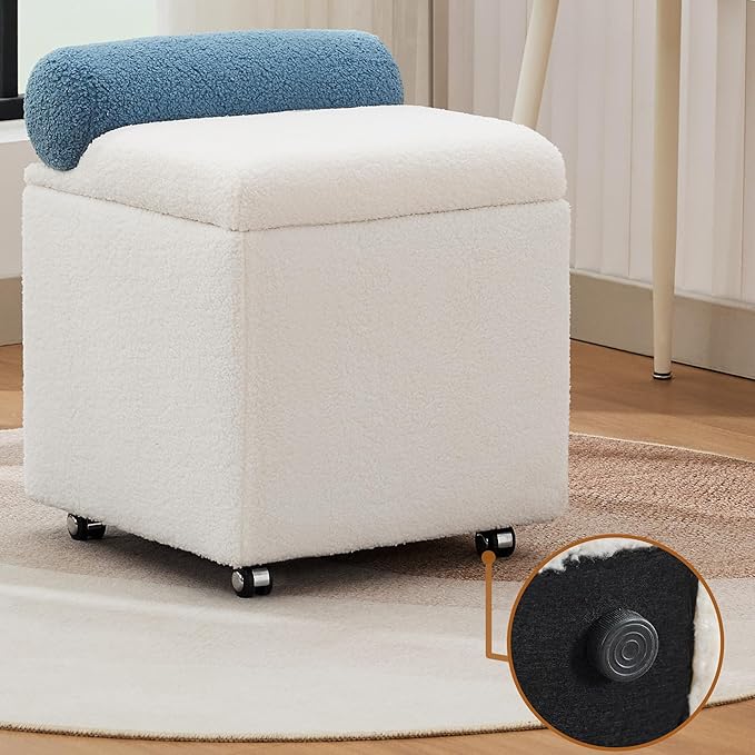 Boucle Vanity Chair with Storage, Swivel Vanity Stool with Safety Hinge, Upholstered Makeup Chair with Wheels, Square Ottoman Stool for Living Room, Dressing, Bedroom, White