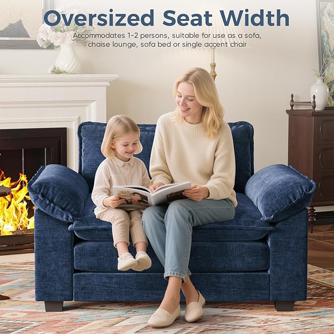 HUSFU Oversized Accent Chair with Ottoman, Chenille Cloud Couch Chair with Deep Seat and Extra Wide Armrests, Comfy Reading Armchair for Bedroom, Living Room, Set of 2, Blue