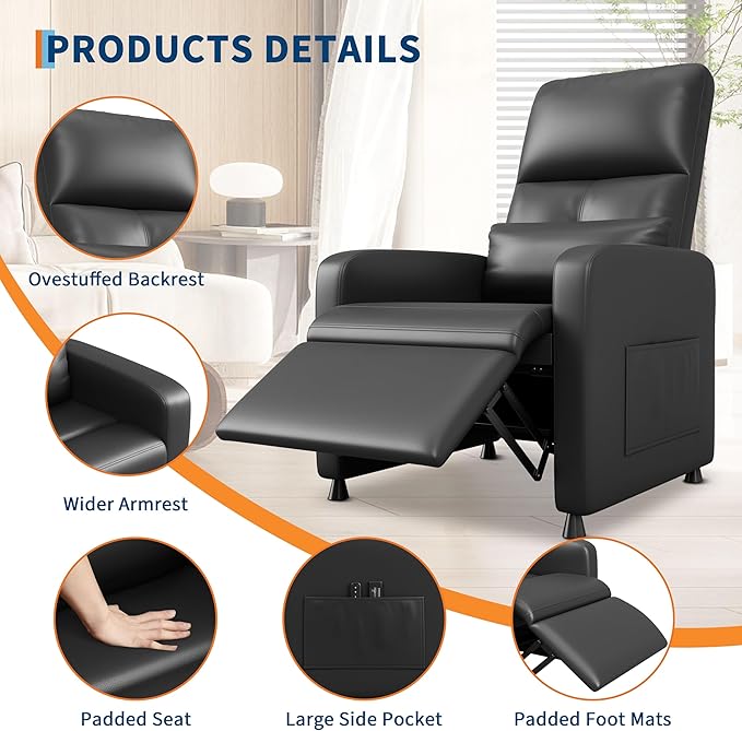GarveeHome Power Recliner Chair, Adjustable Electric Recliner Ergonomic Overstuffed PU Leather Single Sofa, Tall Back, Padded Seat, 2 Side Pockets and USB Port, Home Theater Seating for Living Room