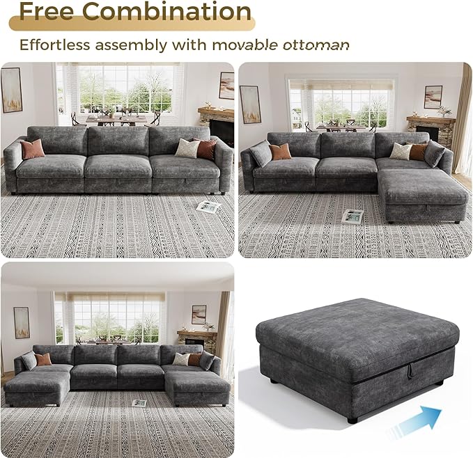 KKL Modular 113" Sectional Sofa - 3 Seater Couches for Living Room, Sofa Couch with Adjustable Backrest, Modular Couch with Comfy Cushion, Chenille, Grey
