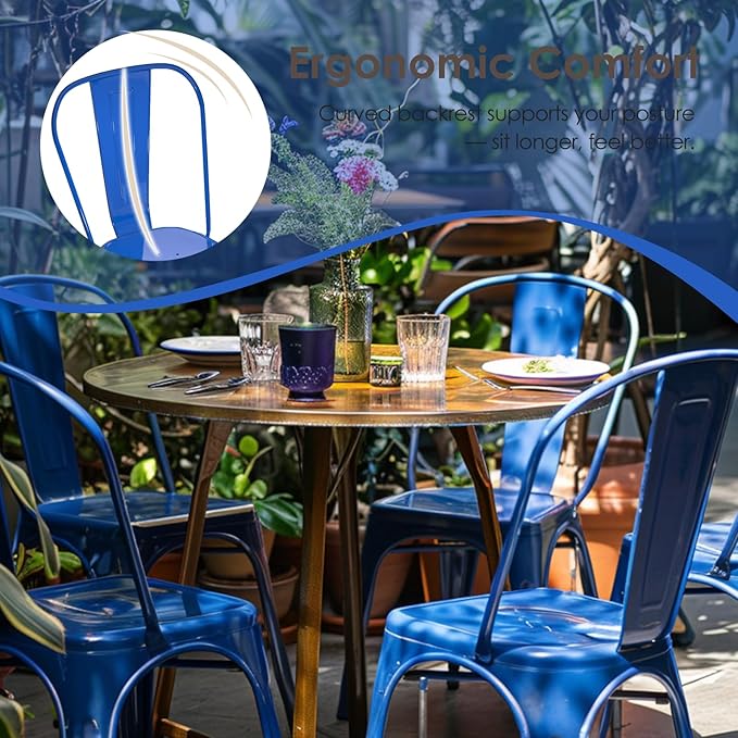 Metal Dining Chairs Set of 4,Stackable Tolix Chair Indoor/Outdoor for Kitchen,Cafe,Restaurant,Bistro & Patio Multiple Colors(Blue)