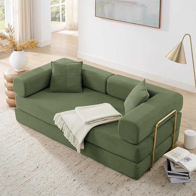 Antetek Convertible Futon Sofa Bed, 3 Seater Modern Corduroy Foam Floor King Size Bed Fold Out Sleeper Lounge Loveseat Sofa Couch with 2 Throw Pillows for Living Room Bedroom Guest Room, Green