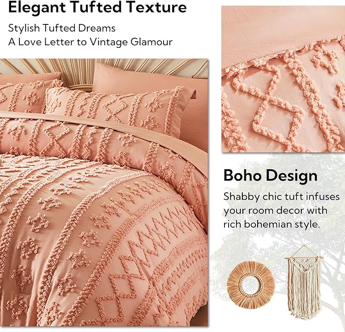 MR&HM Full Size Bed Sheets and Comforter Set Coral Pink, 7 Pieces Tufted Boho Beddding Sets, Farmhouse Style Bed in a Bag with 1 Comforter, 2 Pillow Shams, 2 Pillowcases, 1 Flat Sheet, 1 Fitted Sheet