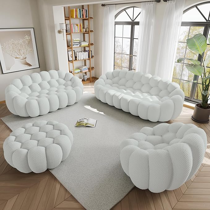 WJShome Modular Sectional Sofa,Bubble Couch Set,Modern Upholstered Bean Bag Sofa Couch with Ottoman,Mesh Fabric Lazy Floor Chair Living Roon Sets (Light Grey, 98.43"+79"+48"+42")