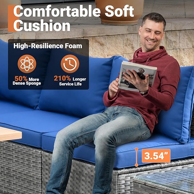ovios Outdoor 5 Piece Coversation Set with Coffee Table,Sectional Patio Furniture Set with All-Weather Wicker Sofa,Modern Outside Couch for Balcony Backyard Pool, Navy Blue