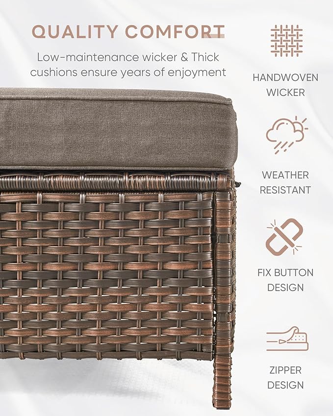 ACTREST Patio Ottoman Outdoor Wicker Side Table - 2PCS Multipurpose Heavy Duty All-Weather Brown Rattan Extra Seating Bench Footrest Footstool for Garden Back Porch Poolside Apartment - Grey