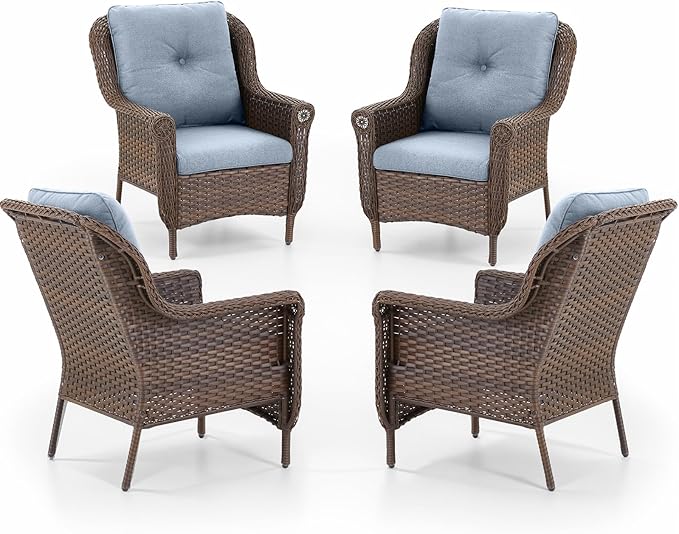 ACTREST Patio Wicker Chairs Outdoor Furniture Chair - Set of 4 Outside All Weather Lawn Dining Brown Rattan Armchair with High Back&Deep Seating for Deck Porch Balcony Backyard Garden - Baby Blue