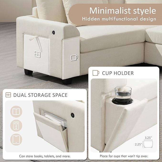 Furnimart 128" U Shaped Sectional Sofa, 5 Seat Chenille Couch Set with Oversized Chaise Lounge, Hidden Armrest Storage and Cup Holders, USB Charging Ports, Deep Seat Sofa for Living Room, Beige